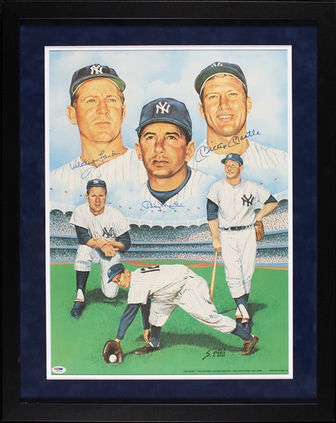 Mickey Mantle, Billy Martin & Whitey Ford Signed Susan Rini Lithograph in Frame (PSA/DNA)