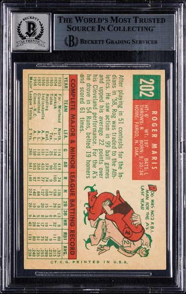 Roger Maris Signed 1959 Topps No. 202 (Graded BAS 10)