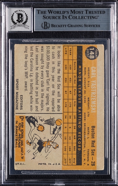 Carl Yastrzemski Signed 1960 Topps RC No. 148 (Graded BAS 10)