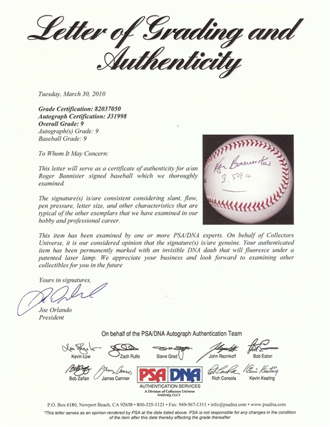 Roger Bannister Single-Signed OML Baseball 3.59.4 (Graded PSA/DNA 9)