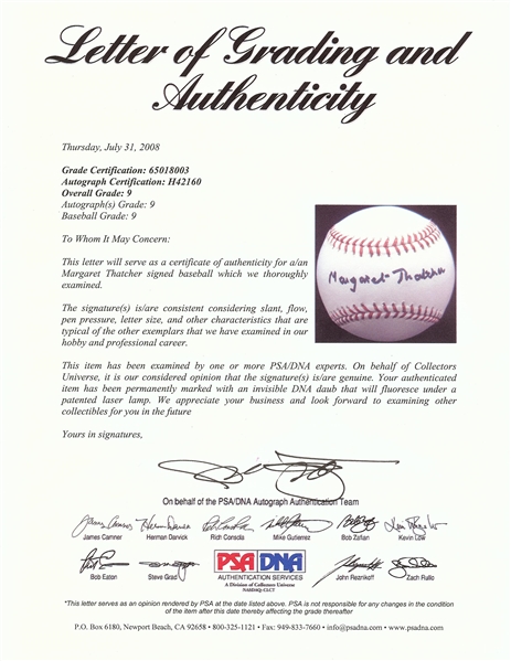 Margaret Thatcher Single-Signed OML Baseball (Graded PSA/DNA 9)