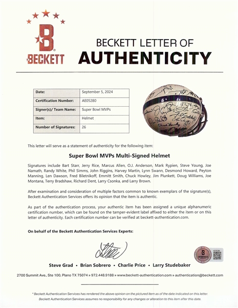 Super Bowl MVPs Multi-Signed Full-Size Helmet with 26 Signatures (Fanatics) (BAS)