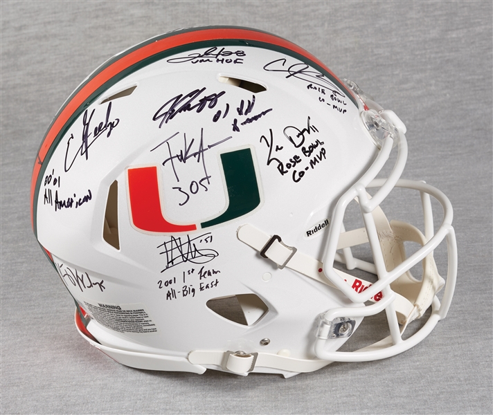 Miami Hurricanes Legends Multi-Signed Full-Size Helmet with Reed, Johnson, McGahee, Gore (32/50) (Fanatics)