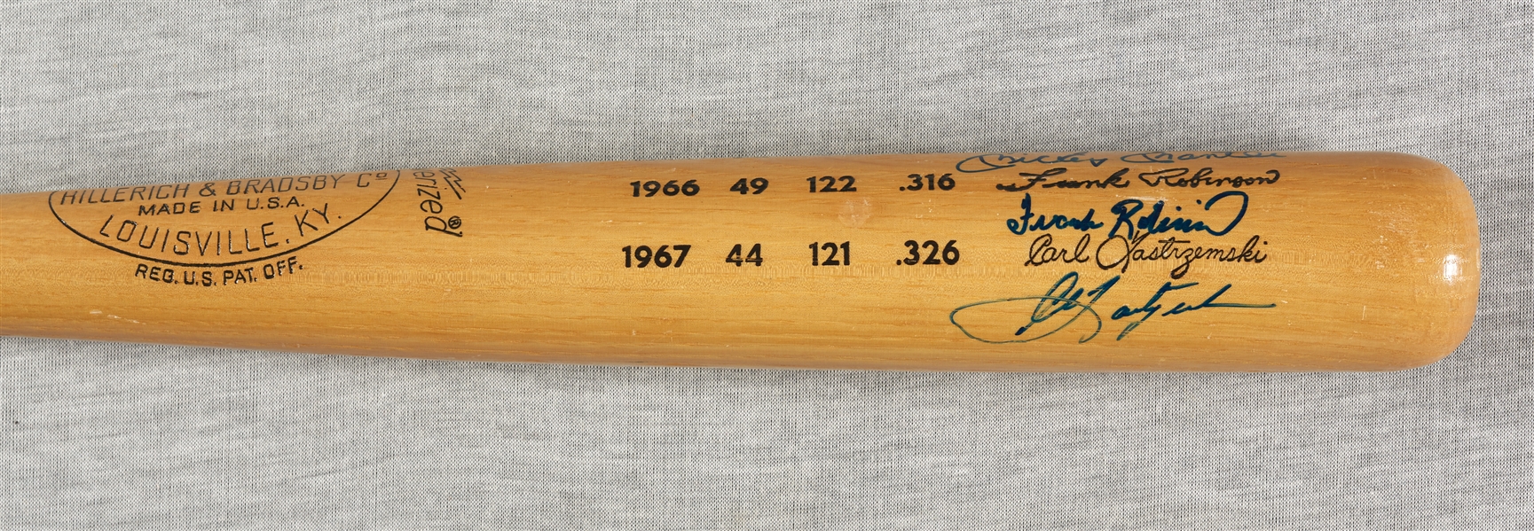 Triple Crown Winners Signed H&B Bat with Mickey Mantle, Ted Williams, Frank Robinson & Yastrzemski (JSA)