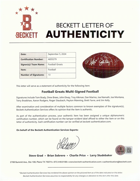 QB Legends Multi-Signed NFL Football with Brady, Namath, Montana & (10) Others (17/24) (Fanatics) (BAS)