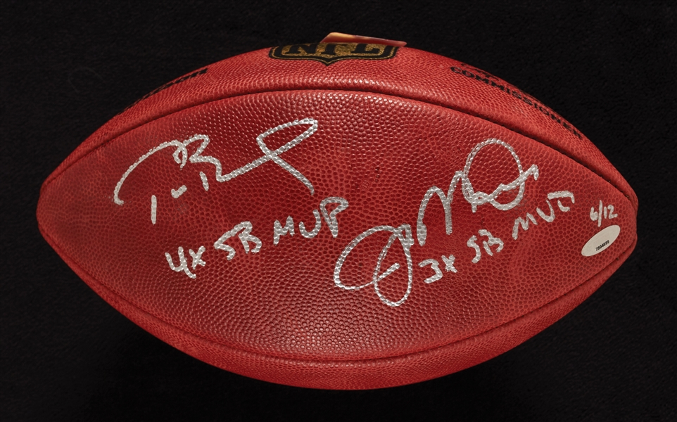 Tom Brady 4X SB MVP & Joe Montana 3X SB MVP Signed Wilson Football (6/12) (Tristar) (Fanatics) (BAS)