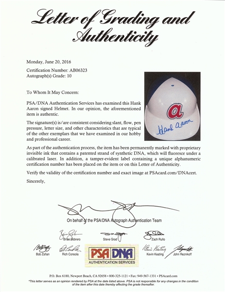 Hank Aaron Atlanta Braves Replica Batting Helmet (Graded PSA/DNA 10)