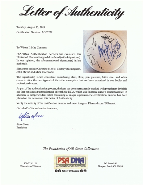 Fleetwood Mac Group-Signed Drumhead with Buckingham, Mick Fleetwood, Christine McVie & John McVie (PSA/DNA)