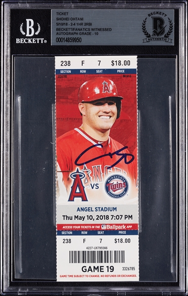 Shohei Ohtani Signed Ticket - 2-4, 1 HR, 2 RBI (5/10/18) (Graded BAS 10)