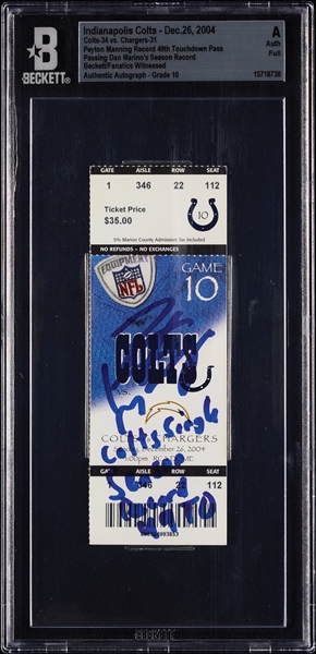 Peyton Manning Signed 49th TD Pass of Season Breaking Marino's Record Full Ticket - (Dec. 26, 2004) (Graded BAS 10)