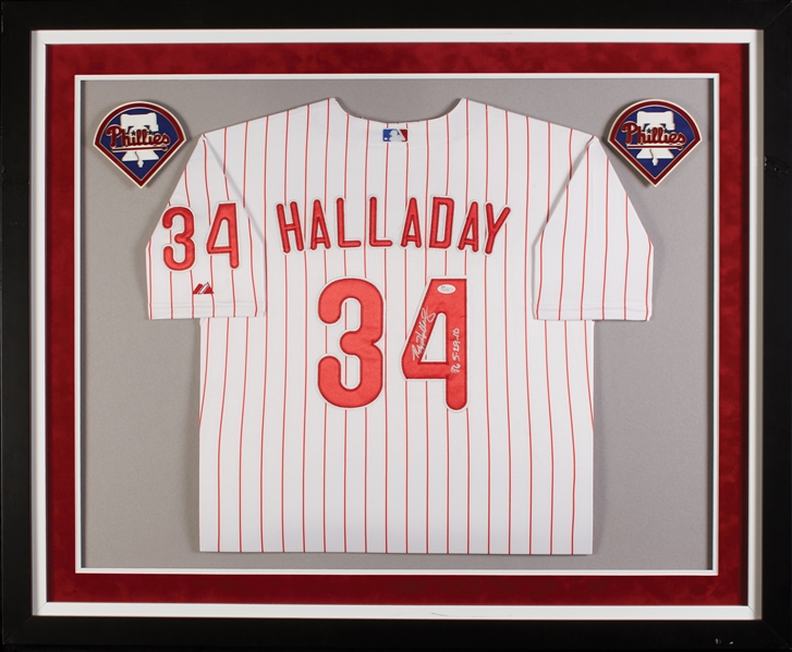 Roy Halladay Signed Phillies Framed Home Jersey Inscribed PG 5-29-10 (JSA)