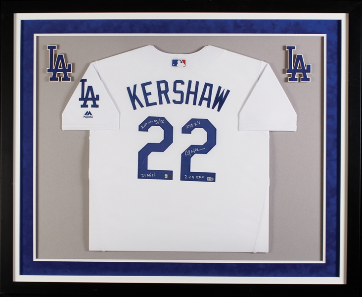 Clayton Kershaw Signed Dodgers Framed Home Jersey with Multiple Inscriptions (MLB) (Fanatics)