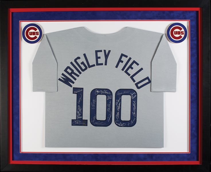 Chicago Cubs Signed 100 Years Of Wrigley Field Jersey with (18) Signatures in Frame (Fanatics) (BAS)