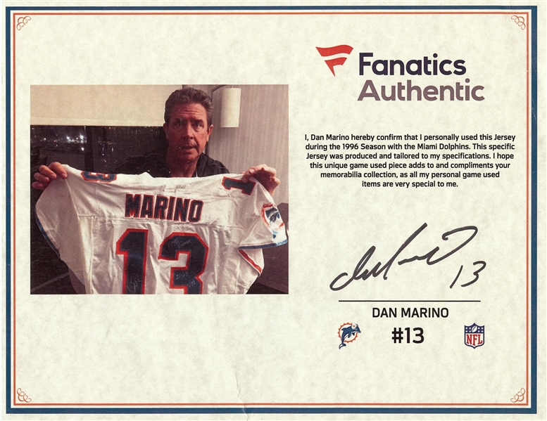 Dan Marino 1996 Game-Used & Signed Dolphins Jersey Inscribed 21-28, 237 Yards, 1 TD (11/17/96) (Fanatics) (BAS)