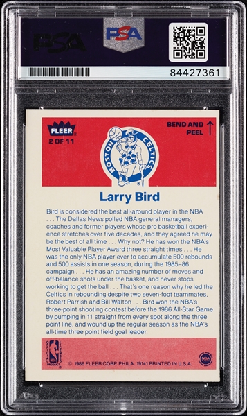 Larry Bird Signed 1986 Fleer Sticker No. 2 (Graded PSA/DNA 9)