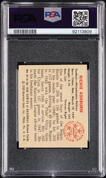 1950 Bowman Richie Ashburn No. 84 PSA 6