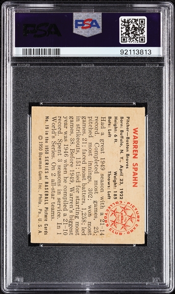 1950 Bowman Warren Spahn No. 19 PSA 5