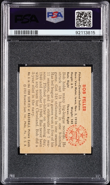 1950 Bowman Bob Feller No. 6 PSA 6