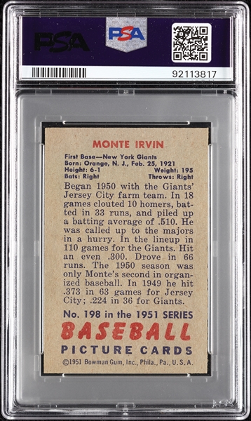 1951 Bowman Monte Irvin RC No. 198 PSA 7