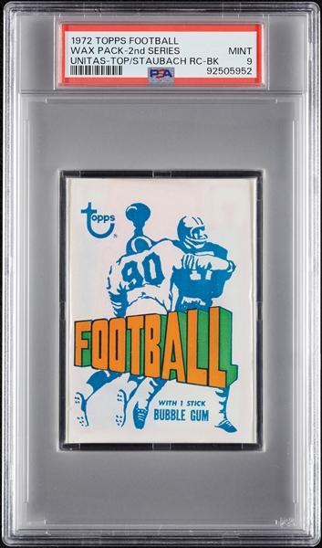 1972 Topps Football 2nd Series Wax Pack - Johnny Unitas Top; Roger Staubach RC Back (Graded PSA 9)