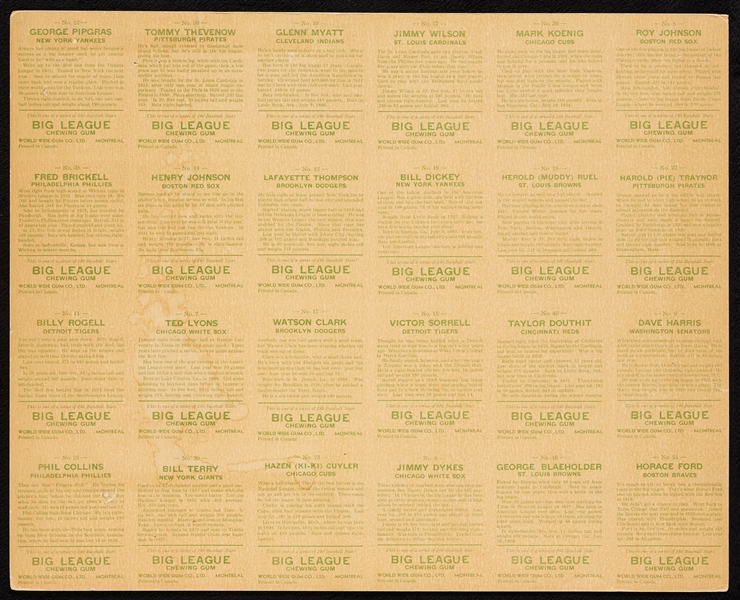 1933 V353 Goudey Baseball Uncut Sheet With 5 HOFers