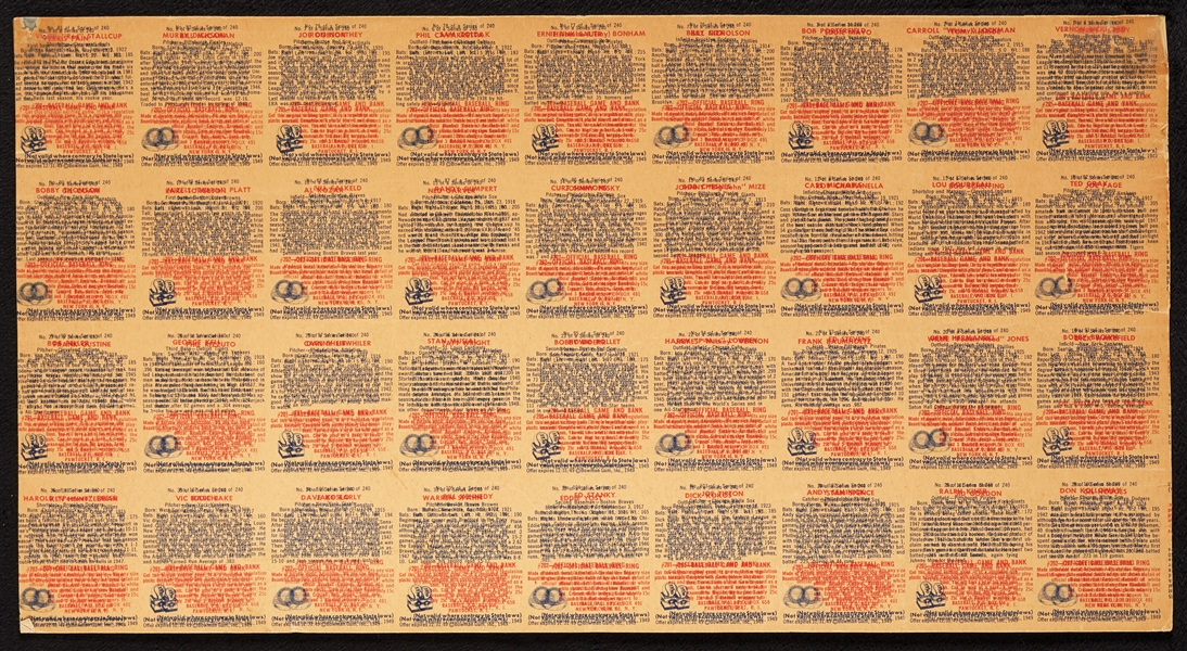 1949 Bowman Baseball Double-Printed Uncut Sheet With 6 HOFers