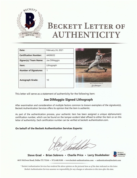 Joe DiMaggio Signed My 56th Game Hit Framed Stephen Gardner Litho (Steiner) (Graded BAS 10)