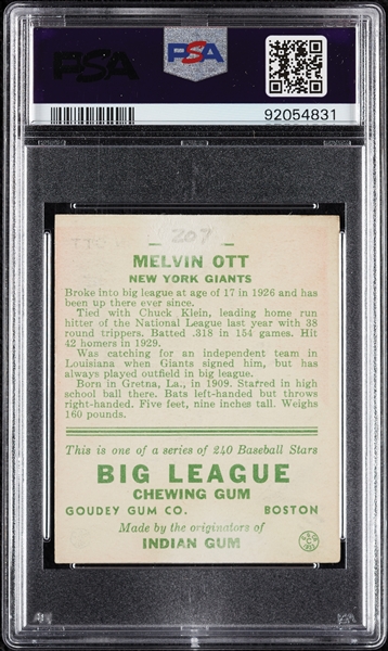 1933 Goudey Mel Ott No. 207 PSA Authentic