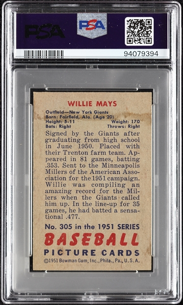 1951 Bowman Willie Mays RC No. 305 PSA 4