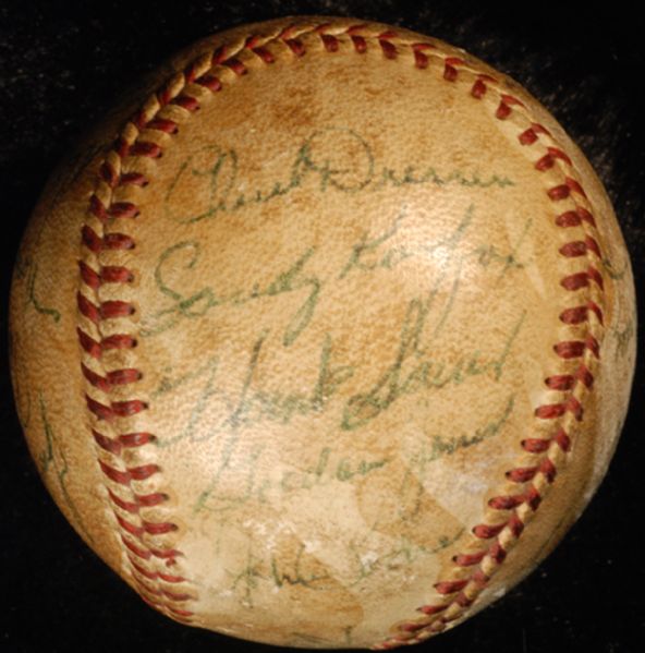 1959 Giants/Dodgers Multi-Signed Game-Used Baseball (18 Signatures) with Koufax, Reese, Alston