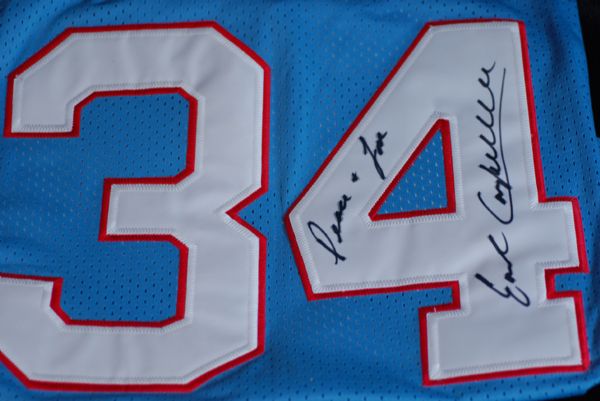 Earl Campbell Signed Oilers Jersey Inscribed Peace & Love