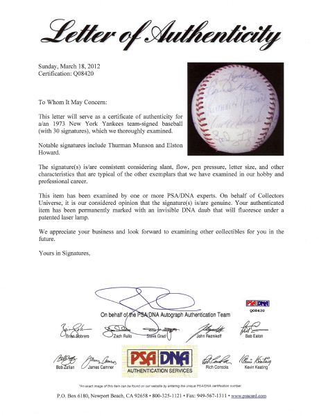 1973 New York Yankees Team-Signed Baseball (30 Signatures) with Munson (PSA/DNA)