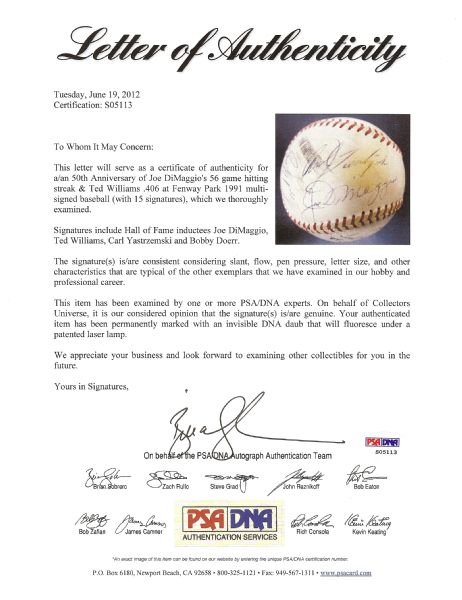 1991 .406 & 56-Game Hit Streak 50th Annivesary Signed Baseball (15 Signatures) (PSA/DNA)