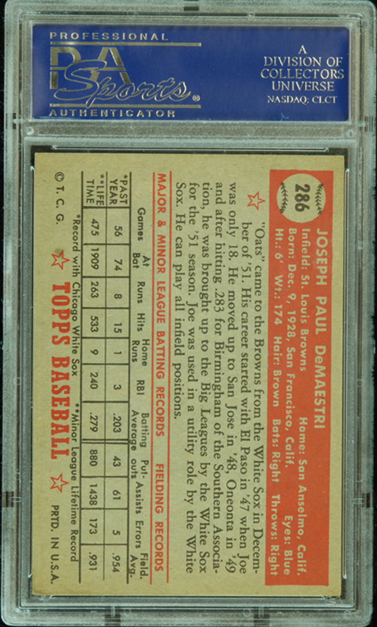 Lot Detail - 1952 Topps Joe DeMaestri No. 286 PSA 8