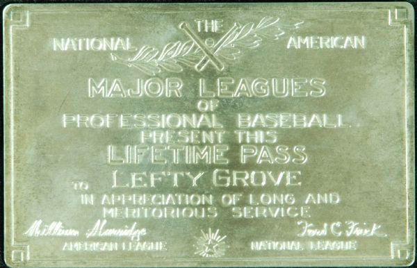 Lefty Grove’s Major League Baseball Lifetime Pass