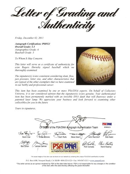 Rogers Hornsby Single-Signed Baseball (Graded PSA/DNA 5.5)