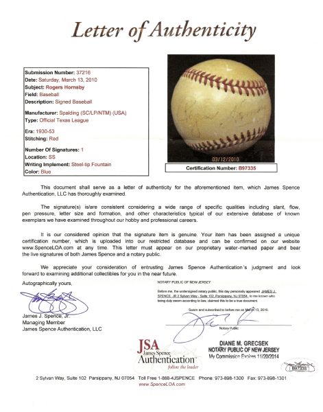 Rogers Hornsby Single-Signed Baseball (Graded PSA/DNA 5.5)