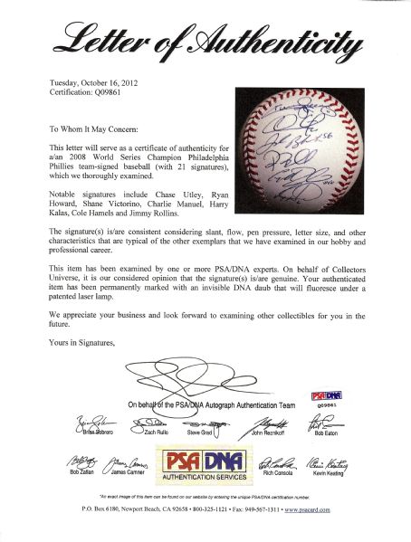 2008 Philadelphia Phillies World Champs Team-Signed Baseball (22) (PSA/DNA)