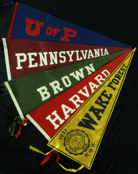 Vintage 1940s College Pennants Group of 5 with Harvard, Penn, etc.