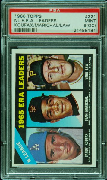 1966 Topps NL ERA Leaders (Koufax/Marichal/Law) No. 221 PSA 9 (OC)