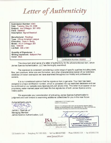 Joe DiMaggio Single-Signed OAL Baseball 361 HRs (JSA)