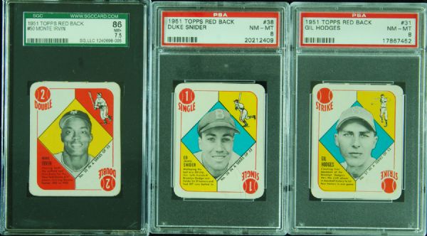 1951 Topps Red Back High-Grade Trio with Gil Hodges, Duke Snider & Monte Irvin