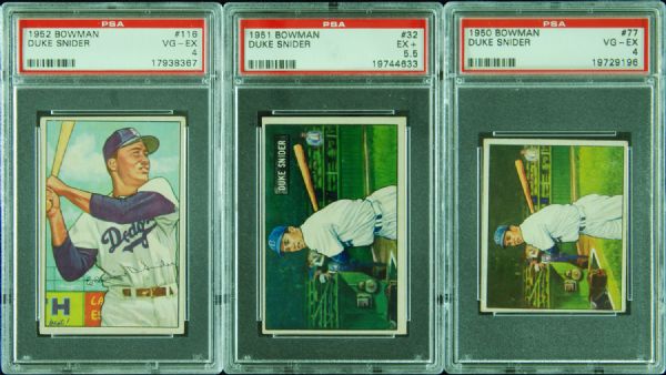 1950, 1951 & 1952 Bowman Duke Snider PSA-Graded Singles (3)