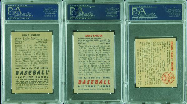 1950, 1951 & 1952 Bowman Duke Snider PSA-Graded Singles (3)