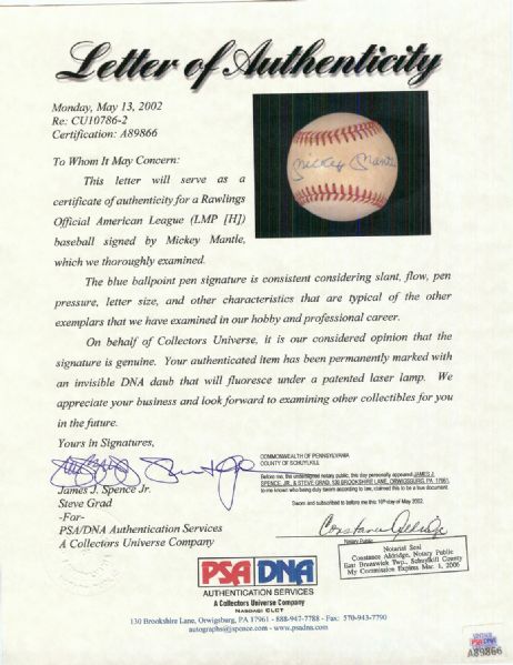 Mickey Mantle Single-Signed OAL Baseball (PSA/DNA)