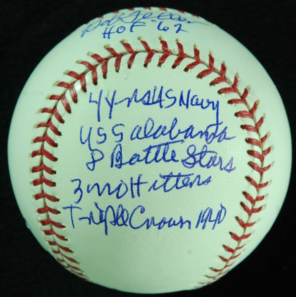 Bob Feller Single-Signed Multiple Inscriptions OML Baseball (PSA/DNA)