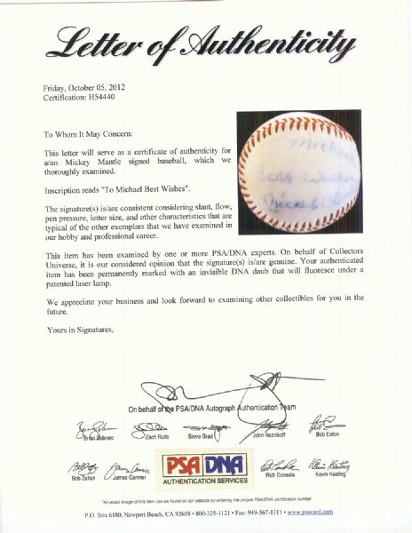 Mickey Mantle Single-Signed Baseball (PSA/DNA)