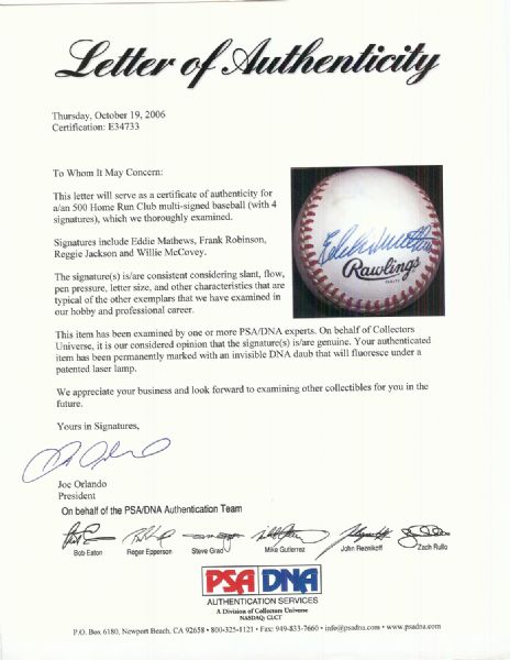 500 Home Run Club Multi-Signed Baseball (4 Signatures) (PSA/DNA)