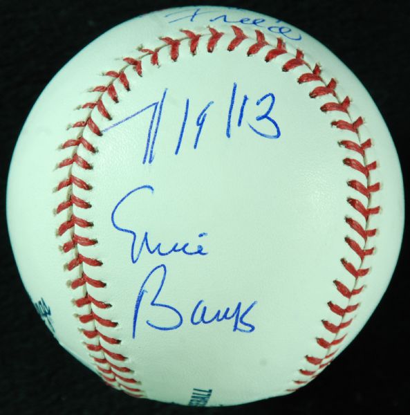 Ernie Banks Single-Signed OML Baseball Pearl Jam Rocker, Wrigley Field, 7/19/13 (JSA)