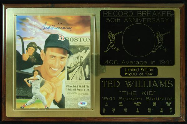 Ted Williams Signed .406 in 1941 Photo Plaque (PSA/DNA)